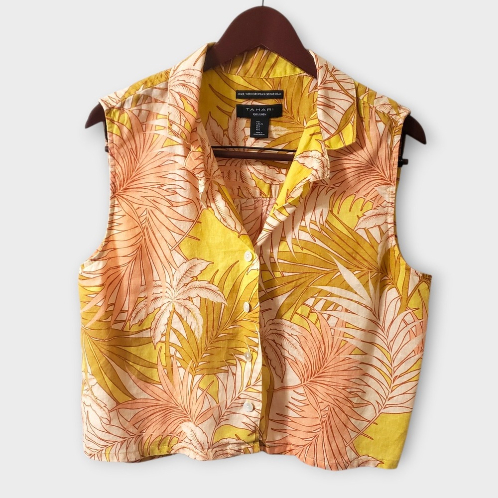 Tahari Womens Large Yellow Tropical Palm Print 100% Linen Sleeveless‎ Button Up